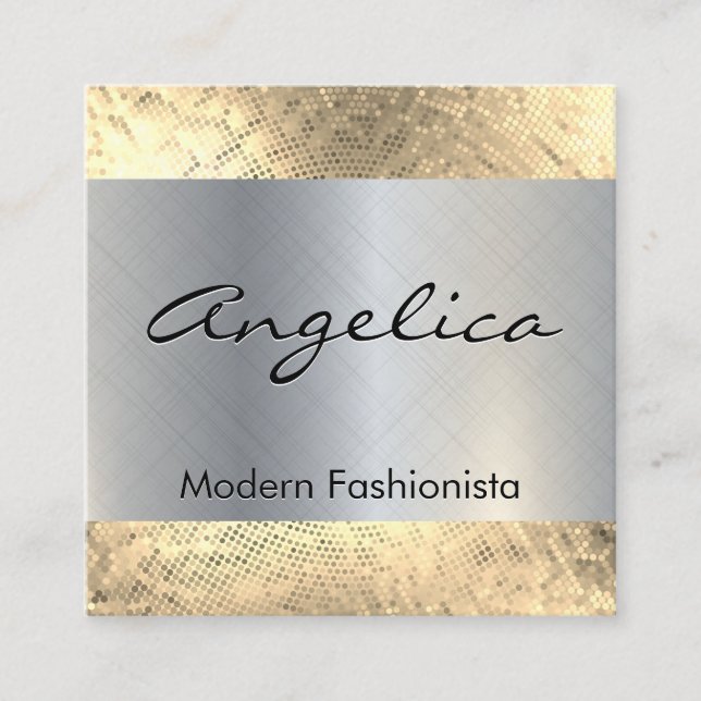 Gold Sequin Pattern | Silver Metallic Background Square Business Card (Front)