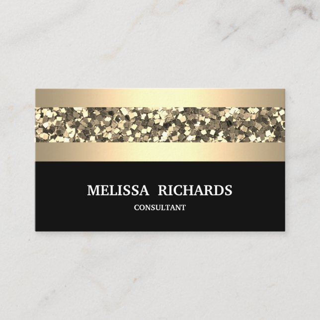 Gold Sequin Striped Modern Stylish Black Business Card (Front)