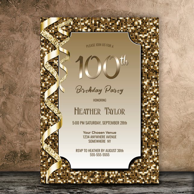 Gold Sequins 100th Birthday Party Invitation (Creator Uploaded)