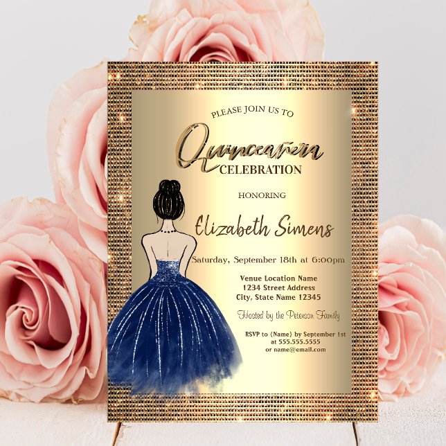 Gold Sequins,Blue Dress Girl Quinceañera   Invitation (Creator Uploaded)
