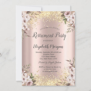 Gold Sequins Border Boho Flowers Retirement Invitation