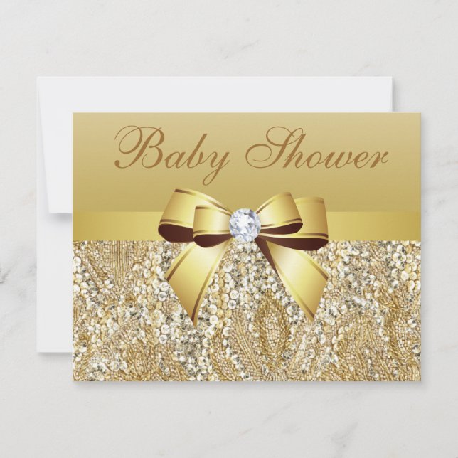 Gold Sequins, Bow & Diamond Baby Shower Invitation (Front)