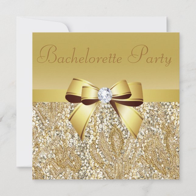Gold Sequins, Bow & Diamond Bachelorette Party Invitation (Front)