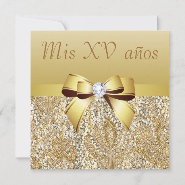 Gold Sequins, Bow & Diamond Quinceanera Invitation (Front)
