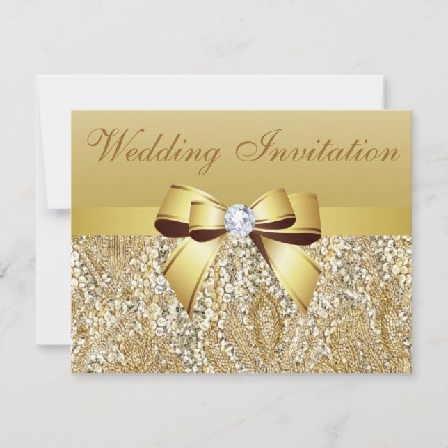 Gold Sequins, Bow & Diamond Wedding Invitation (Front)