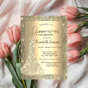 Gold Sequins,Chic Diamonds Dress Quinceañera   Invitation