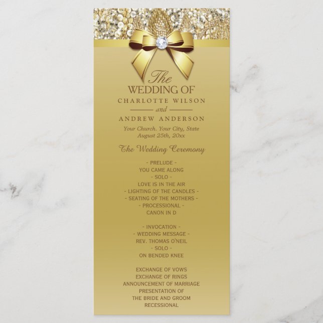 Gold Sequins Diamond Bow Wedding Program Programme (Front)