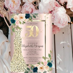 Gold Sequins Dress,Blue Rose Gold 50th Birthday Invitation