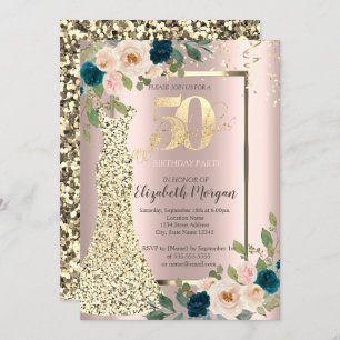 Gold Sequins Dress,Blue Rose Gold 50th Birthday  Invitation