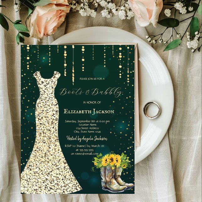 Gold Sequins Dress,Boots Sunflowers Green  Invitation (Creator Uploaded)