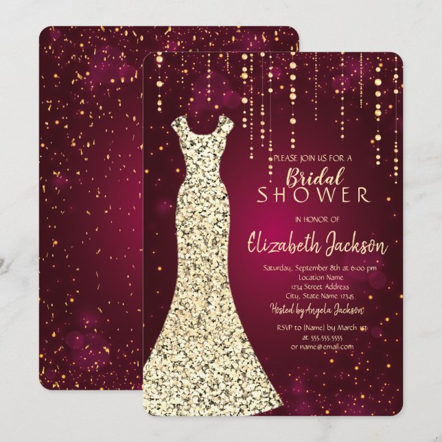 Gold Sequins Dress,Confetti Burgundy Bridal Shower Invitation (Front/Back)