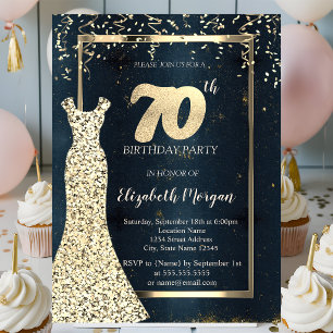 Gold Sequins Dress Dark,Frame, Blue 70th Birthday Invitation