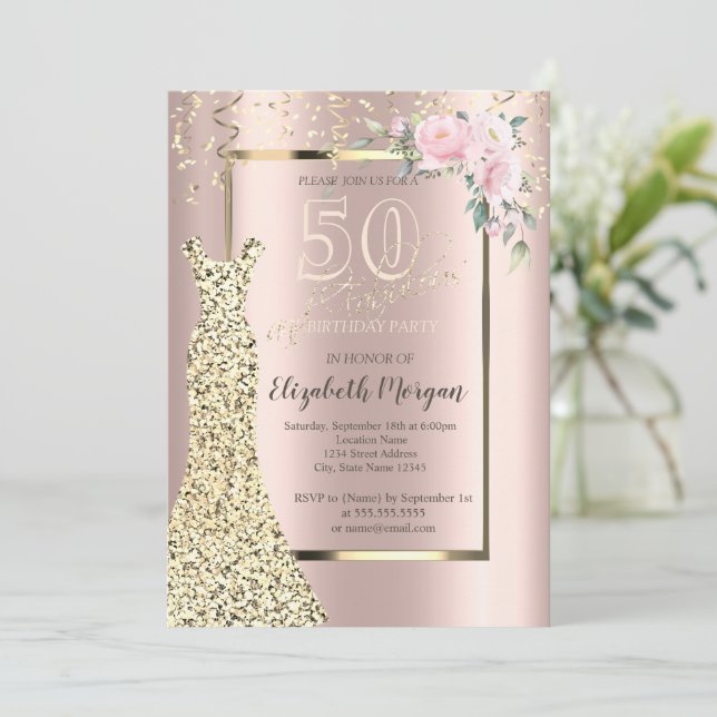 Gold Sequins Dress,Flower Rose Gold 50th Birthday  Invitation (Standing Front)