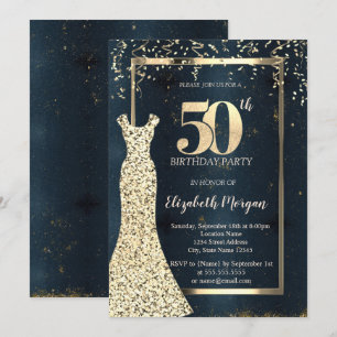 Gold Sequins Dress Frame,Dark Blue 50th Birthday Invitation