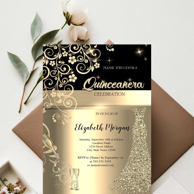 Gold Sequins Dress Glass Floral Quinceanera Invitation (Creator Uploaded)