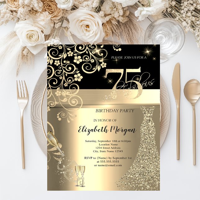 Gold Sequins Dress Glass Flowers 75th Birthday   Invitation (Creator Uploaded)