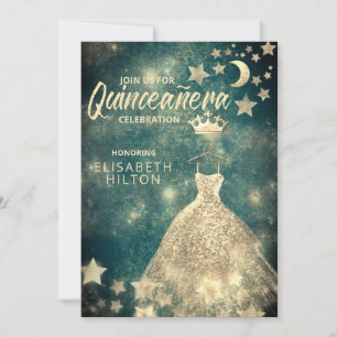 Gold Sequins dress moon stars Quinceañera green Invitation