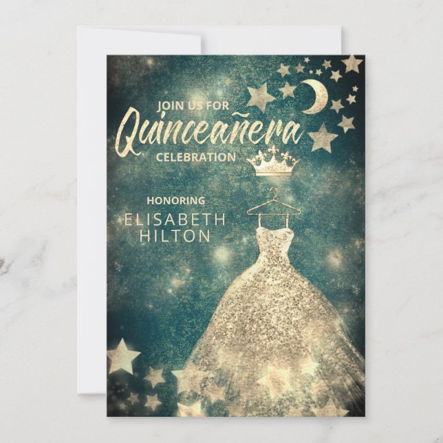 Gold Sequins dress moon stars Quinceañera  green Invitation (Front)
