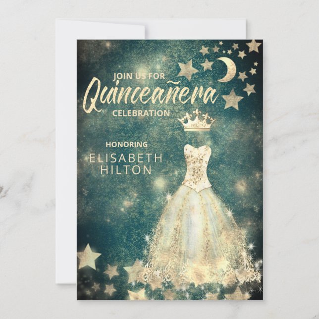 Gold Sequins dress moon stars Quinceañera green Invitation (Front)