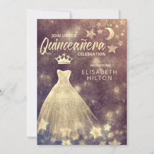 Gold Sequins dress moon stars Quinceañera  Invitation