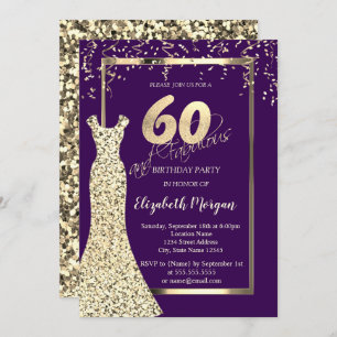 Gold Sequins Dress Purple 60th Birthday Invitation