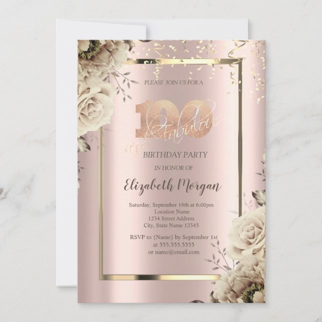 Gold Sequins,Flowers Rose Gold 100th Birthday   Invitation (Front)