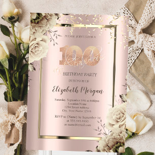 Gold Sequins,Flowers Rose Gold 100th Birthday Invitation