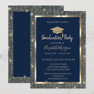  Gold Sequins Graduation Cap Navy Blue Graduation  Invitation
