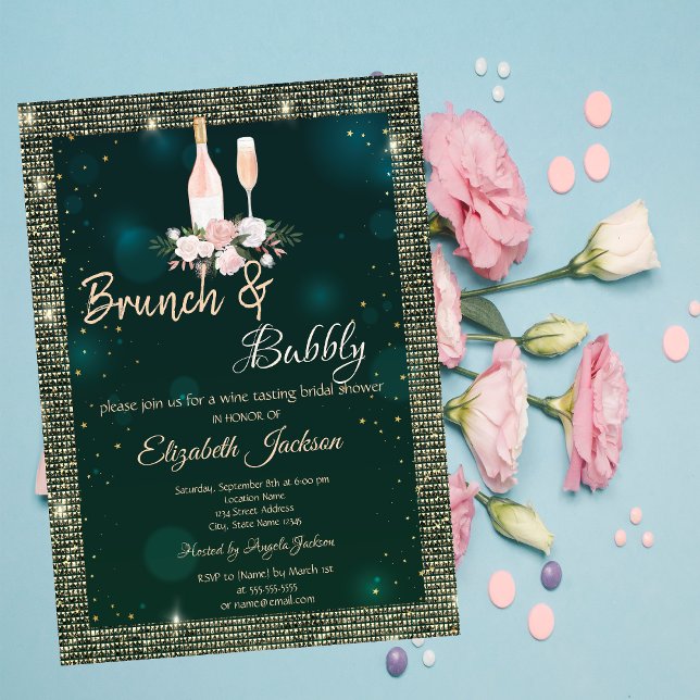 Gold Sequins Green Brunch & Bubbly Bridal Shower  Invitation (Creator Uploaded)