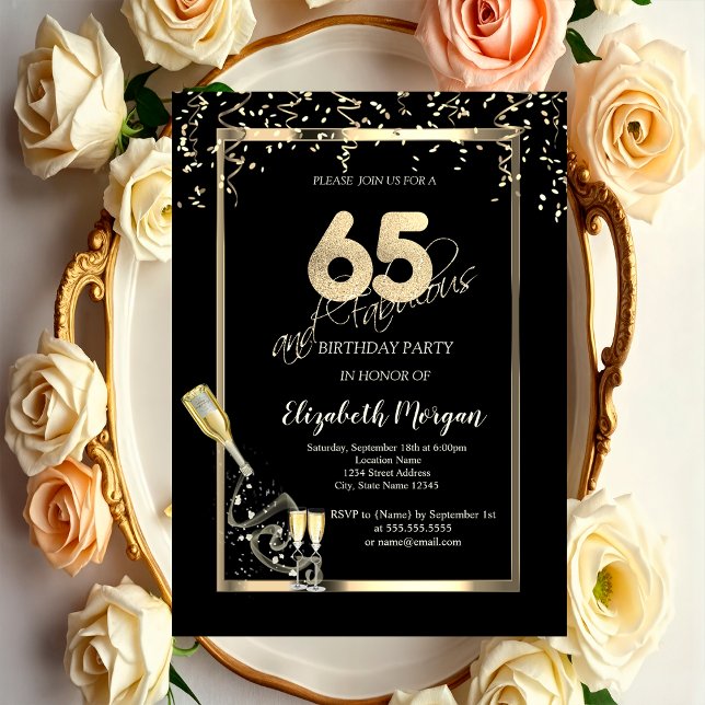 Gold Sequins,Wine Glass Bottle 65th Birthday   Invitation (Creator Uploaded)