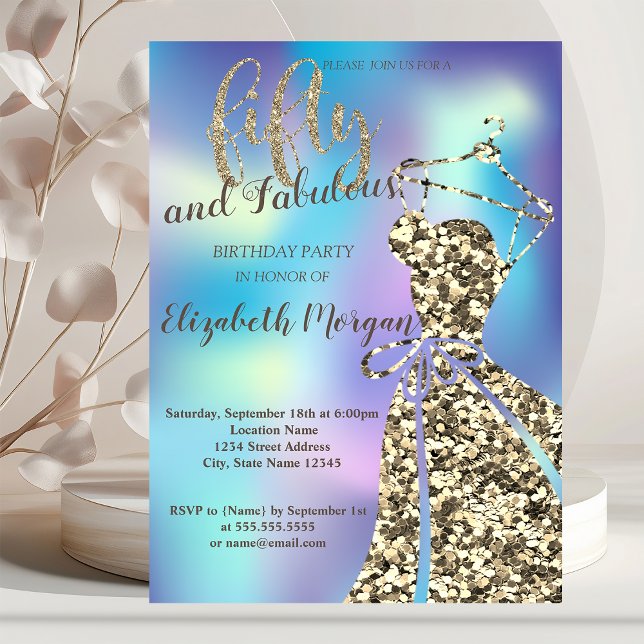 Gold SequinsDress,Holographic 50th Birthday Party Invitation (Creator Uploaded)
