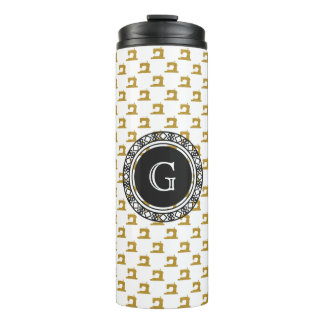 Gold Sewing Machine Pattern w/ Monogram • Crafts Thermal Tumbler