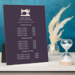 Gold Sewing Machine Seamstress Purple pricing  Plaque<br><div class="desc">Understated design displays your services, price list or business information beneath an illustration of a vintage sewing machin in faux gold over a purple background and your name or business name. Includes three customizable headings and body text fields. To adjust layout, enter your text and then use the Customize function...</div>