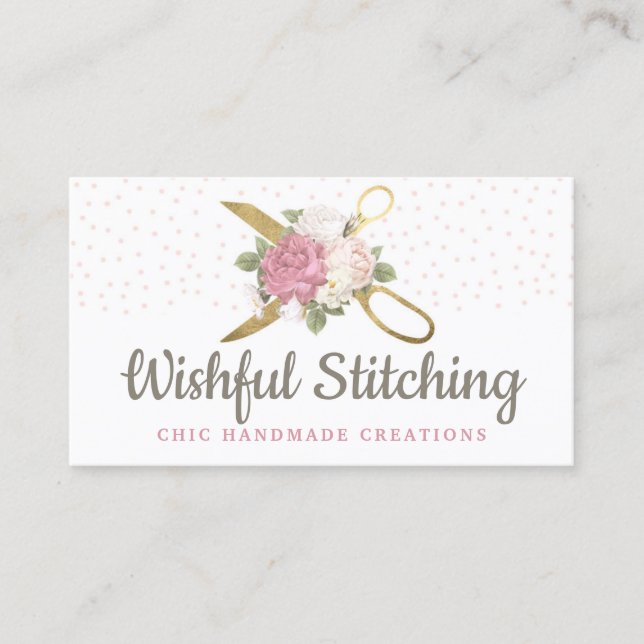 Gold Sewing Scissors & Shabby Chic Floral Roses Business Card (Front)