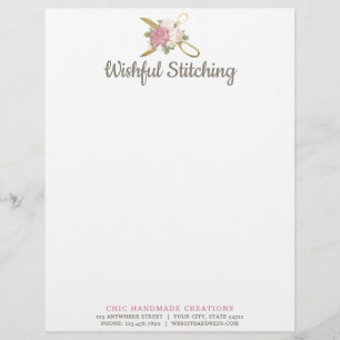 Gold Sewing Scissors & Shabby Chic Floral Roses Custom Letterhead