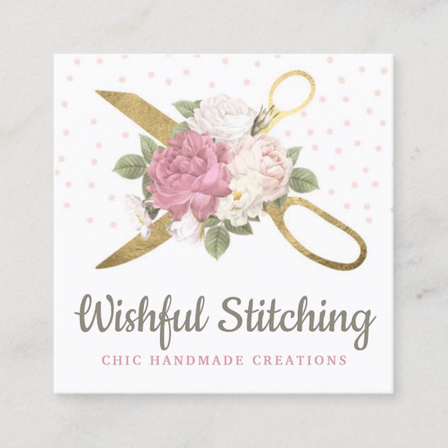 Gold Sewing Scissors Shabby Floral Social Media Square Business Card (Front)