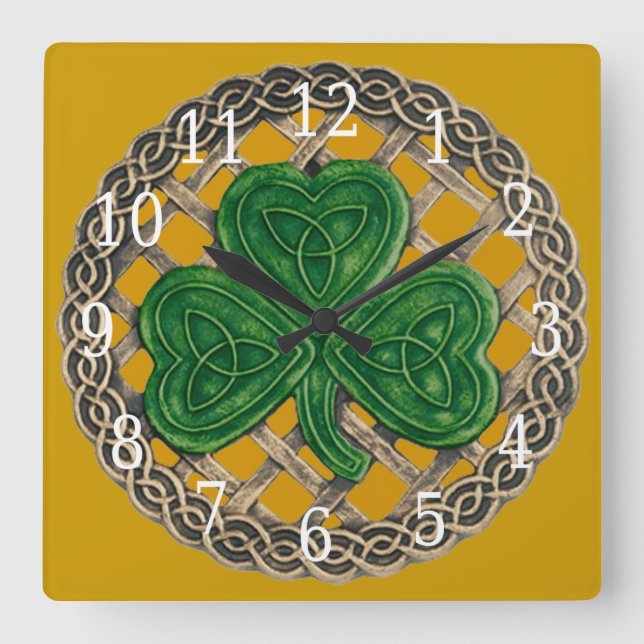 Gold Shamrock And Celtic Knots Square Clock (Front)