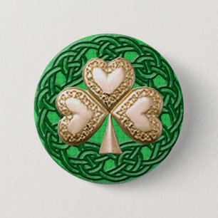 Gold Shamrock On Celtic Knots Button