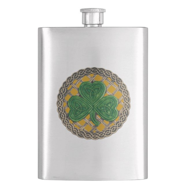 Gold Shamrock On Celtic Knots Flask (Front)