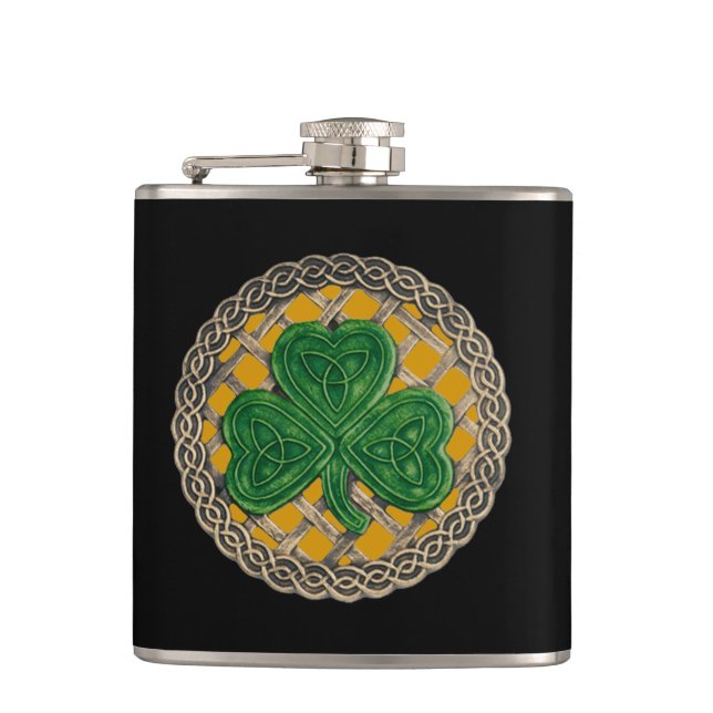 Gold Shamrock On Celtic Knots Flask (Front)