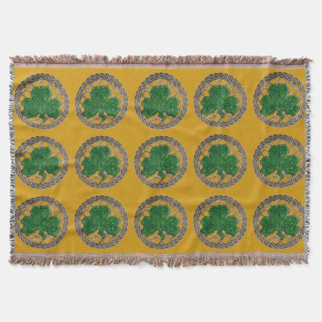 Gold Shamrock On Celtic Knots Throw Blanket (Front)