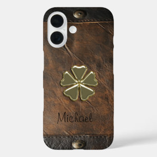 Gold Shamrock St.Patrick`s Day,Brown Leather iPhone 16 Case