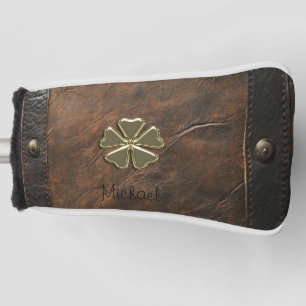Gold Shamrock St.Patrick`s Day,Brown Leather Golf Head Cover