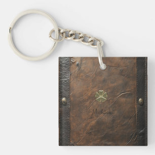 Gold Shamrock St.Patrick`s Day,Brown Leather Key Ring