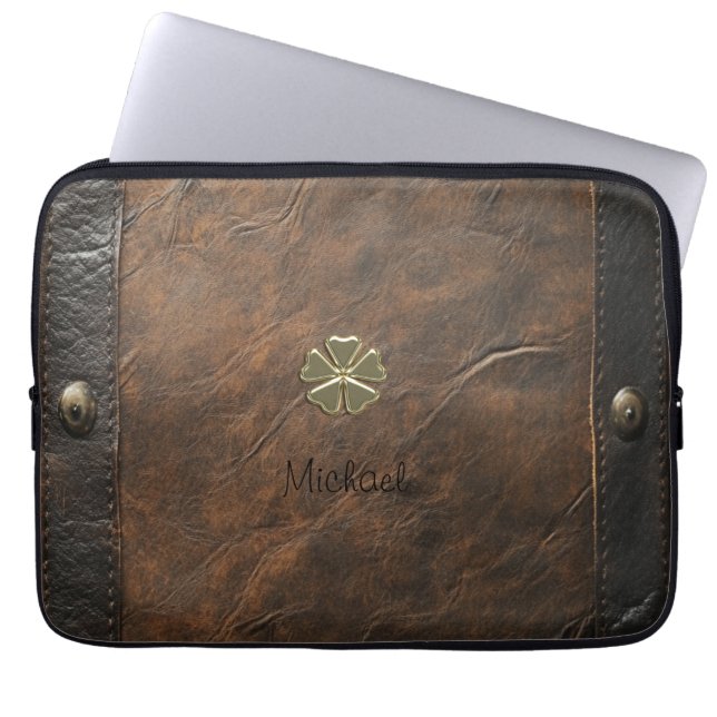 Gold Shamrock St.Patrick`s Day,Brown Leather Laptop Sleeve (Front)