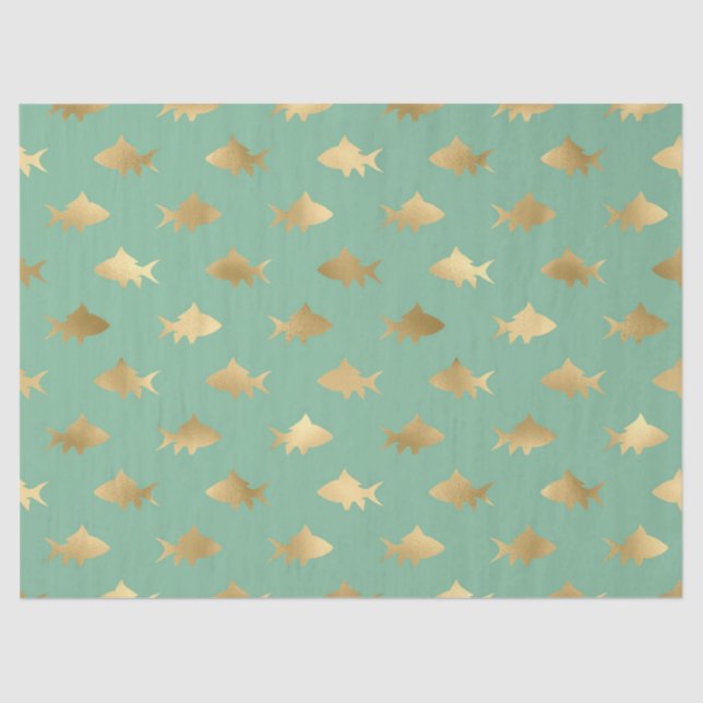 Gold Sharks on Turquoise or Aquamarine Decoupage Tissue Paper (Front)