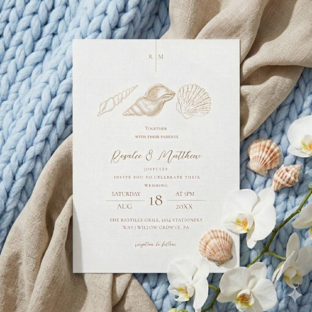 Gold Shells & White Coastal Wedding  Invitation (Creator Uploaded)