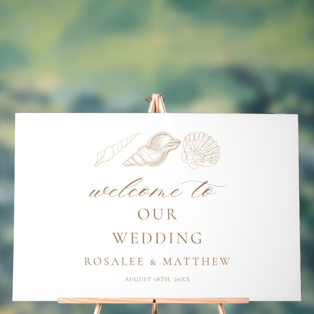 Gold Shells & White Coastal Wedding Welcome Sign (Neutral)
