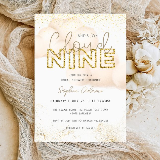 Gold She's on Cloud Nine Bridal Shower Invitation (Creator Uploaded)