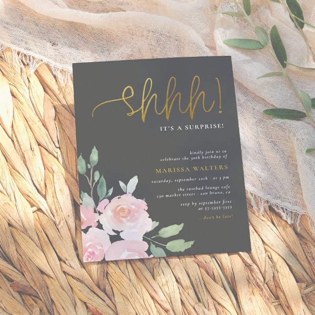 Gold Shhh Its A Surprise Blush Pink & Grey Party Invitation Postcard (Creator Uploaded)
